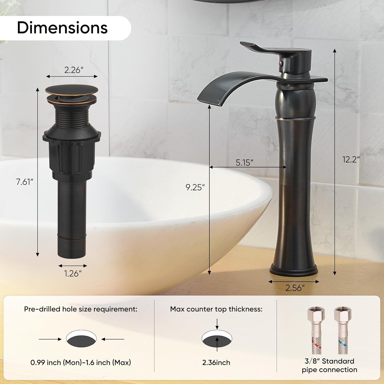 Vessel Sink Faucet Oil Rubbed Bronze Waterfall Tall Bathroom Faucet Antique Oiled with Pop Up Drain Assembly Combo Single Handle 1 Hole Bathroom Faucets Vanity Lavatory