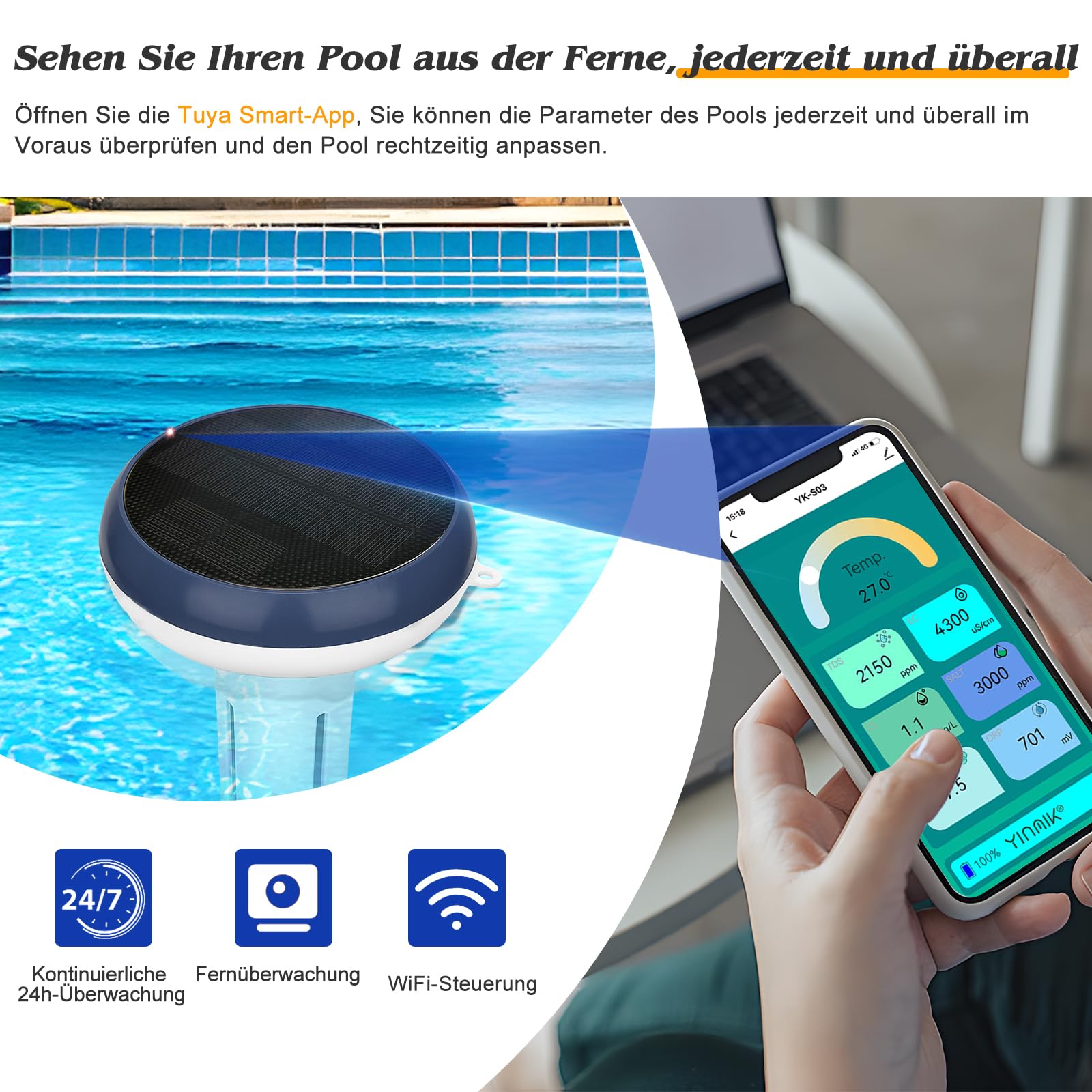UIUZMAR Pool pH und Chlor Messgerät Intelligenter Poolmonitor, 7-in-1 pH Salz EC TDS Freies Chlor ORP und Thermometer für Schwimmbad, Schwimmender Solarbetriebener Chlormonitor für Whirlpool