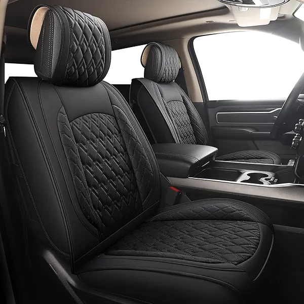 JOJOBAY Car Seat Covers for Dodge Ram 2 Pcs Front,Fit Ram 2009-2025 1500/2500/3500 Pick-up Truck,Crew,Regular,Quad,Mega Cab,Waterproof Leather Automotive Seat Covers 2 PCS Front,Black