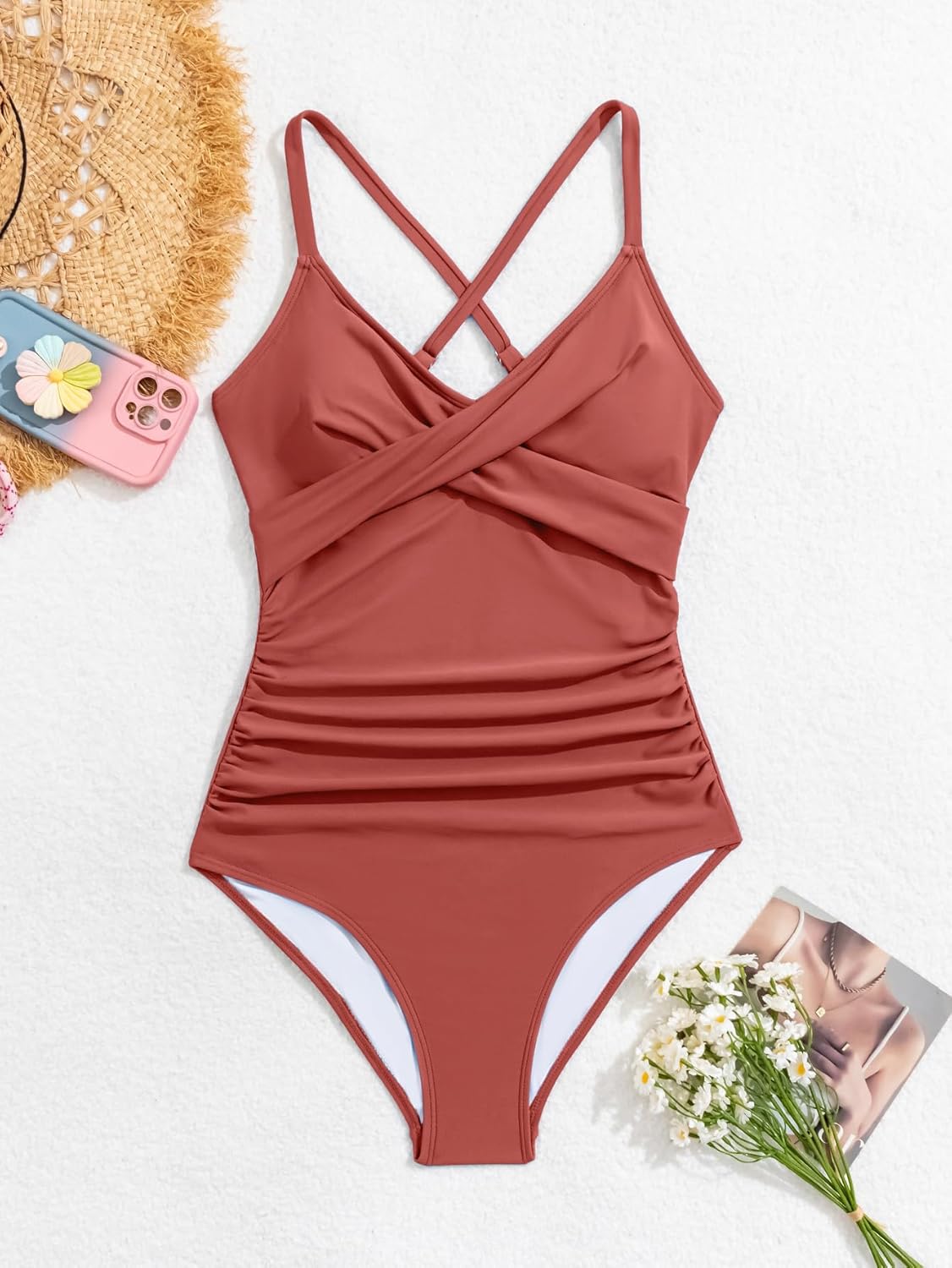 B2prity Women's One Piece Swimsuits Tummy Control Front Cross Bathing Suits Tie Back Slimming V Neck Swimwear