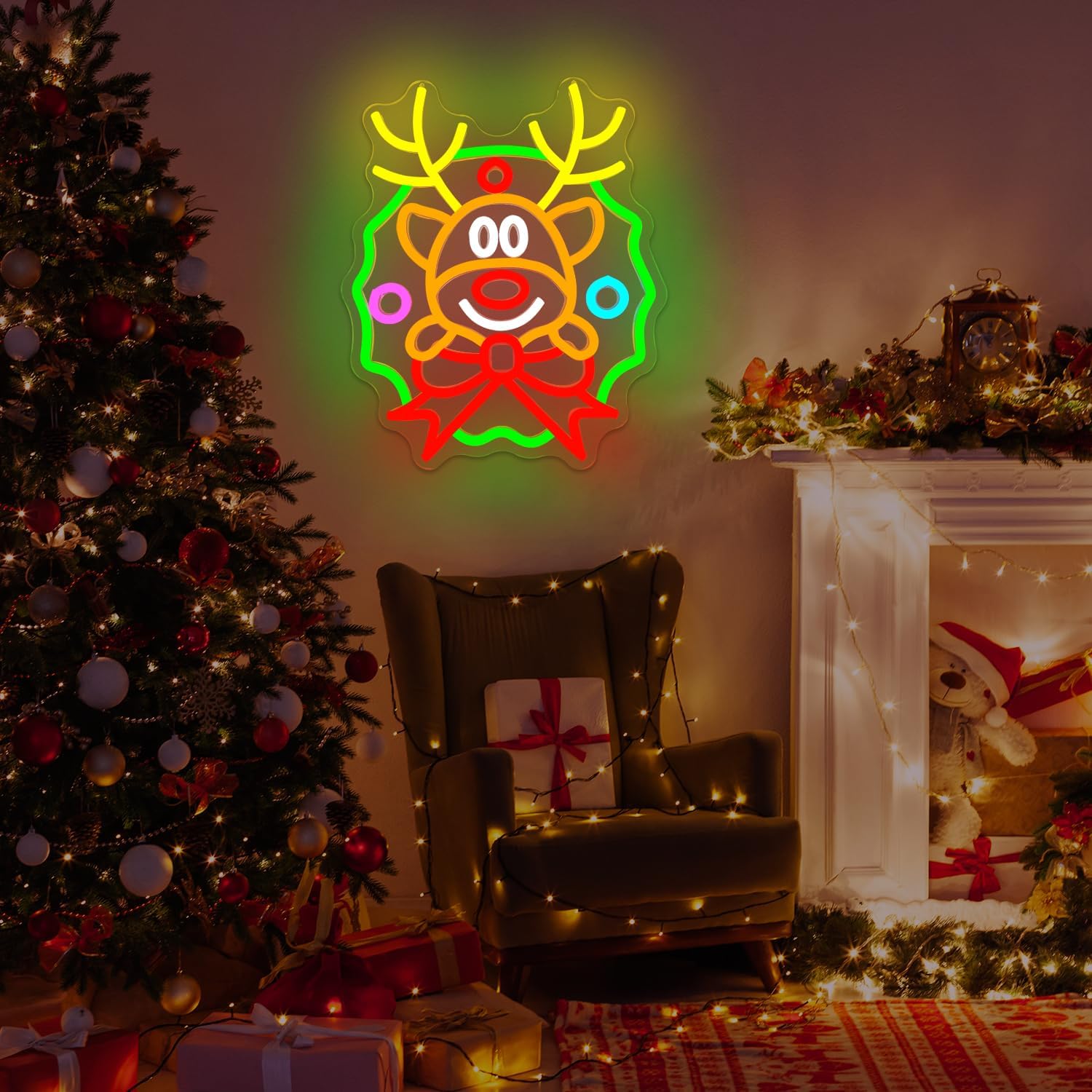Christmas Neon Sign Wreath Elk Neon Sign for Wall Decor Deer Led Neon Christmas Lights Dimmable Reindeer Light Up Signs for Window Wall Art for Bedroom Festival Xmas Party Home Decoration Gift - Image 7