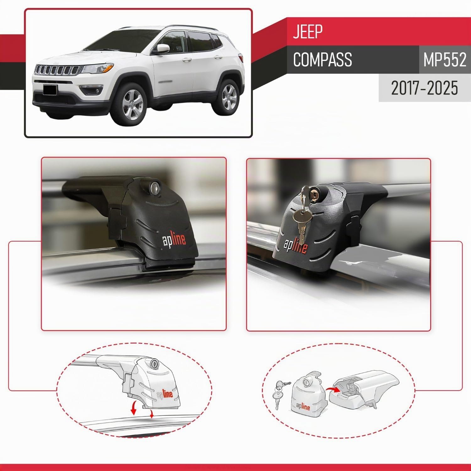 Compatible con Jeep Compass (MP552) 2017-2025 Modelo Ace-2 Barra de Techo Auto Portaequipajes Barras Transversales Gris Aluminio 2 Barras