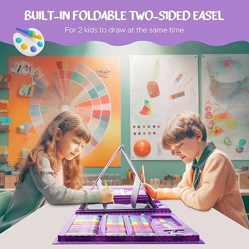 Miniatura 3 de homicozy Suministros de arte para niños de 4 a 12 años, juegos de dibujo de sirena, kits de colorear con caballete triple de doble cara, crayón,