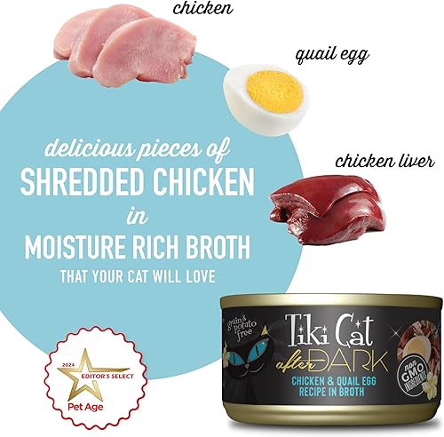 Miniatura 5 de Tiki Cat After Dark, huevo de pollo y codorniz en caldo, alto contenido en proteínas y 100% ingredientes sin OMG, alimento húmedo para gatos
