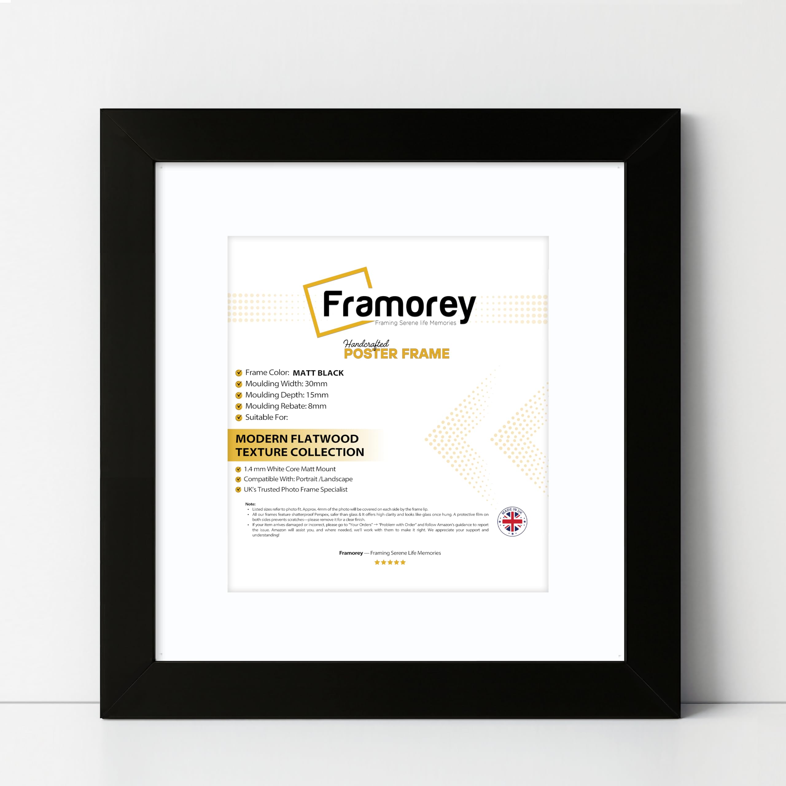 FRAMOREY Square Oxford Flat Wooden Effect Picture Frame, 11x11" Size Matt Black Photo Frame With 9x9" Size White Mount, Photo Print Frame, Best Photo Frames For Birthday Gift