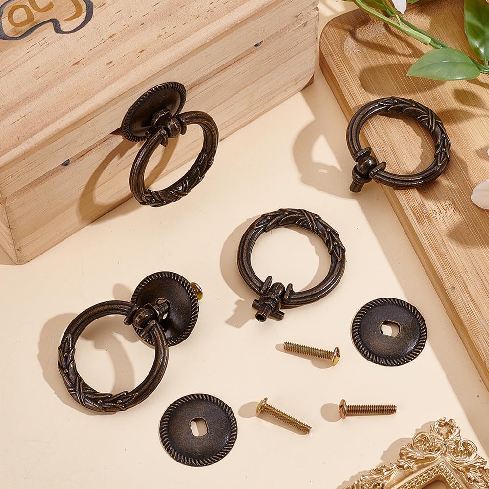 ANATTASOUL 4PCS Vintage Ring Drawer Pulls for Dresser Drawers(2.42"x1.87") | Dresser Knobs Round Drawer Ring Knobs with Screws, Single Hole Drop Pull Handles for Cabinet, Dresser Closet Wardrobe Decor