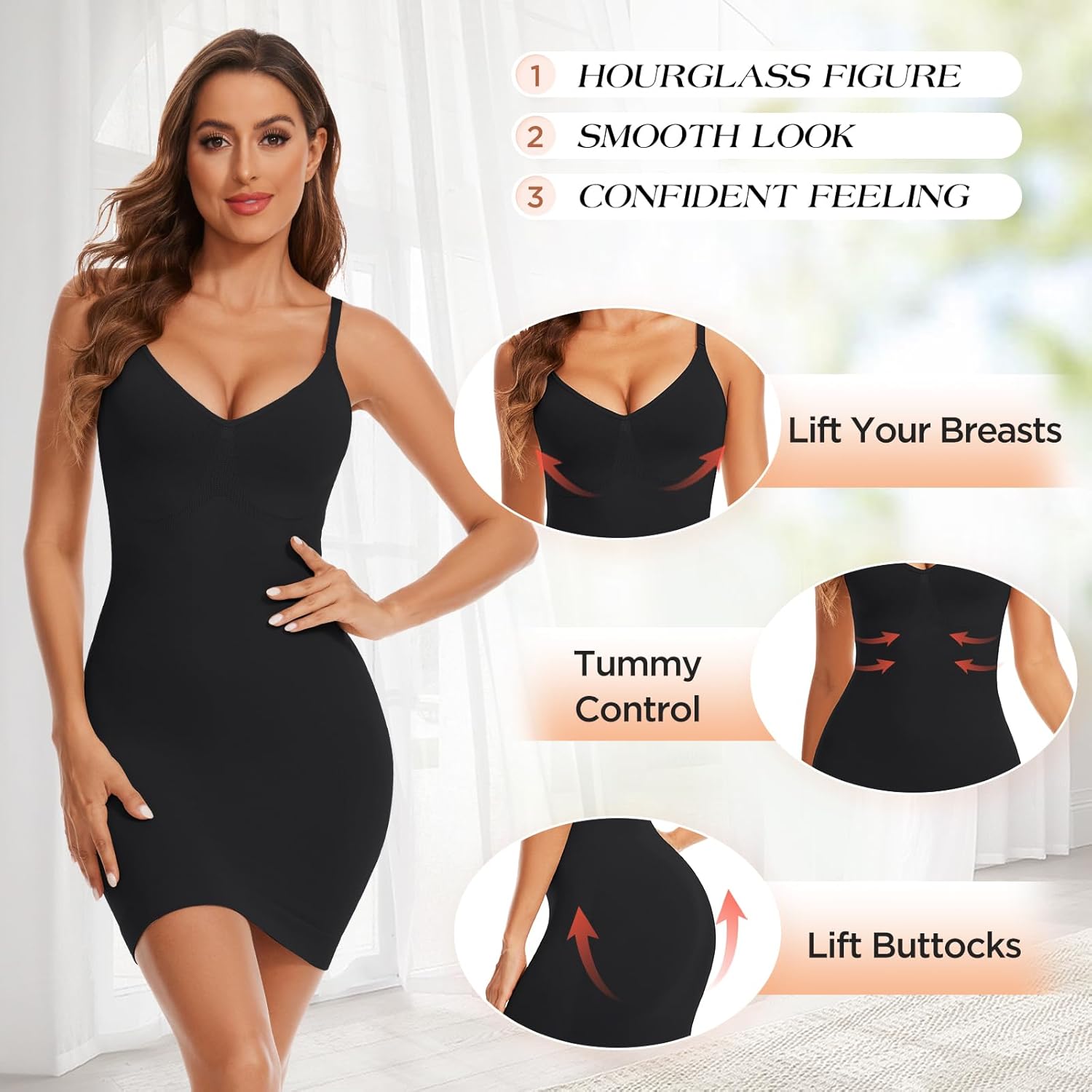 Womens Shapewear Slip Dress for Under Dress Seamless Tummy Control V Neck Full Slips Body Shaper - Image 2