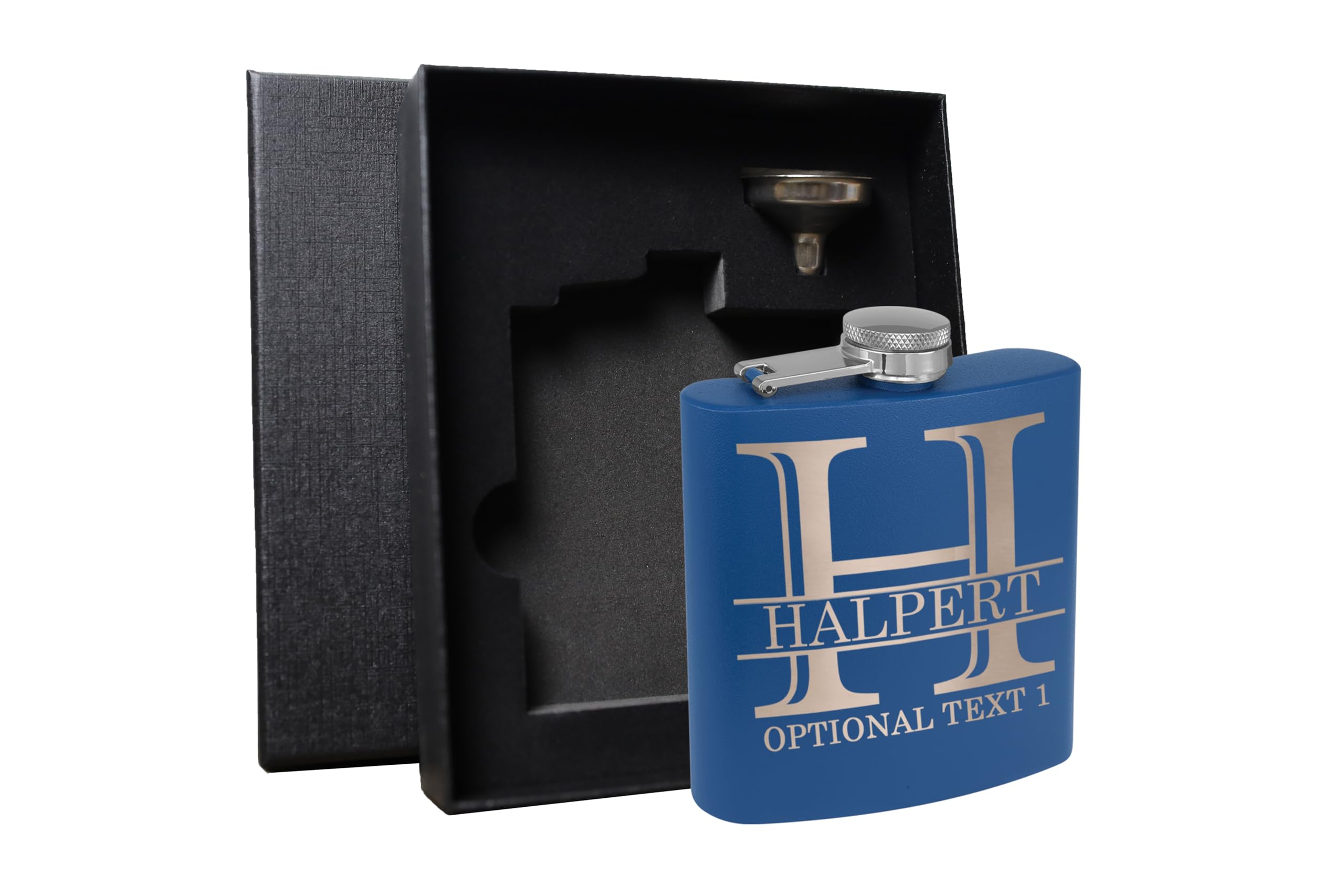 Personalized Fathers Day Etched 6oz Royal Blue Stainless Steel Flask – Halpert, Whiskey Gifts for Men - Metal Hip Pocket Discreet Flask – Custom Dad