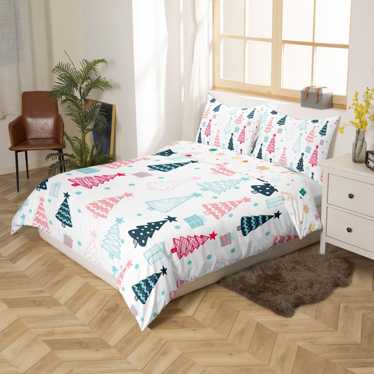 Xmas Duvet Cover King for Boys Girls Winter Themed Bedding Set 3 Piece Merry Christmas Comforter Cover Happy New Year Gifts Bedspread Cover Christmas Decorations Bedding with 2 Pillowcases