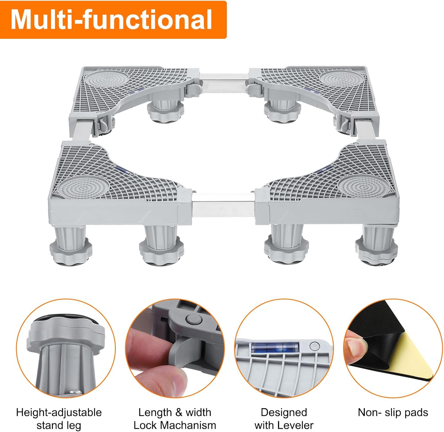 PATIKIL Mini Fridge Stand, 8 Strong Feet Dolly Laundry Refrigerator Stand Base Stainless Steel Universal Adjustable Mobile Base for Water Cooler Washer Dryer, 3.5"-4.3" Height