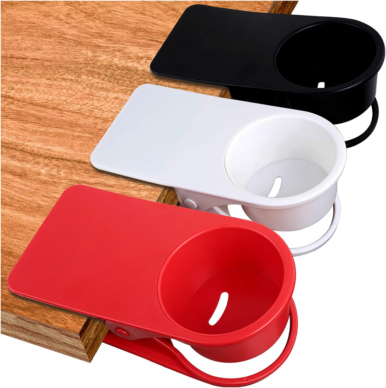 Bestsupplier 3 Pack Desk Side Bottle Cup Stand The DIY Glass Clamp Storage Saucer Clip Water Coffee Mug Holder Clip Design, (Red, Black and White)