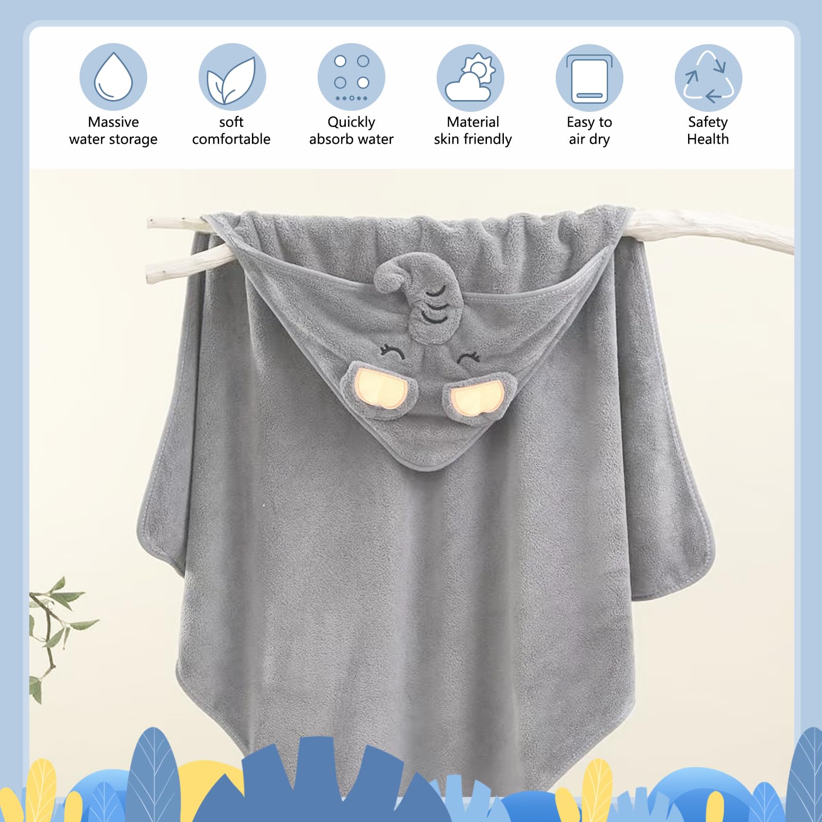 Pièces Serviette de Bain Capuche Bébé,avec Design Animal, 80 x 80 cm bébé Serviette Housse,Design d'éléphant Gris
