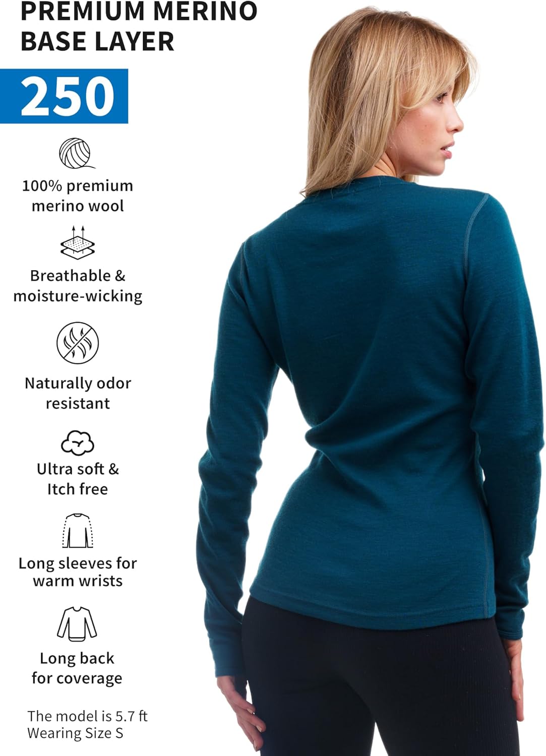 Merino.tech Merino Wool Base Layer Women 100% Merino Wool Long Sleeve Thermal Shirt 250 Deep Teal + Short Sleeve Tee Off White V-Neck + Wool Socks