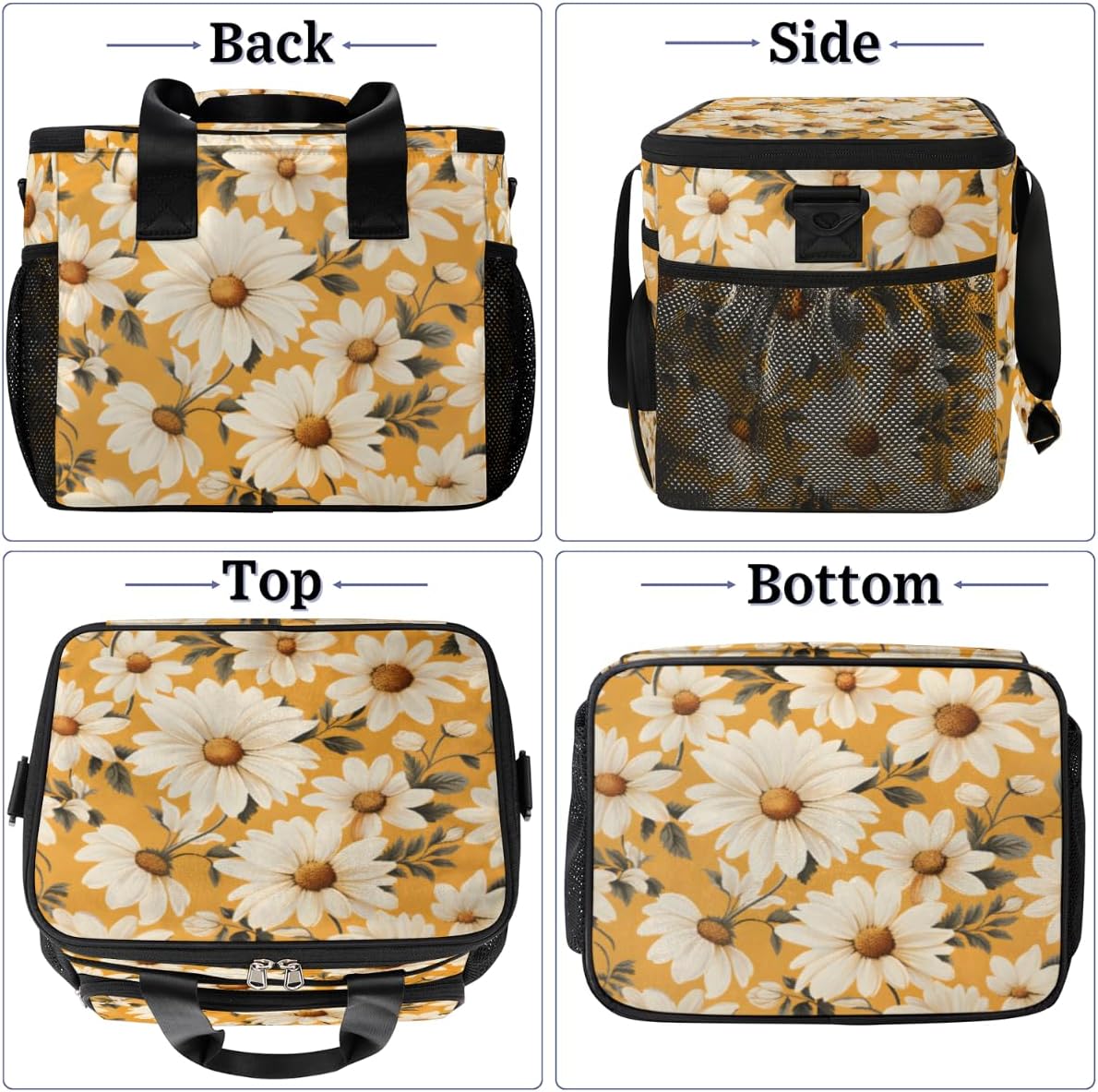 Botanical Insulated Picnic Backpack Lunch Box for Women Men Picnic Basket Tote Lunch Bag Picnic Bag Portable Lunch Bags for Picnic, Beach, Work, Trip,Office, Camp White Daisies