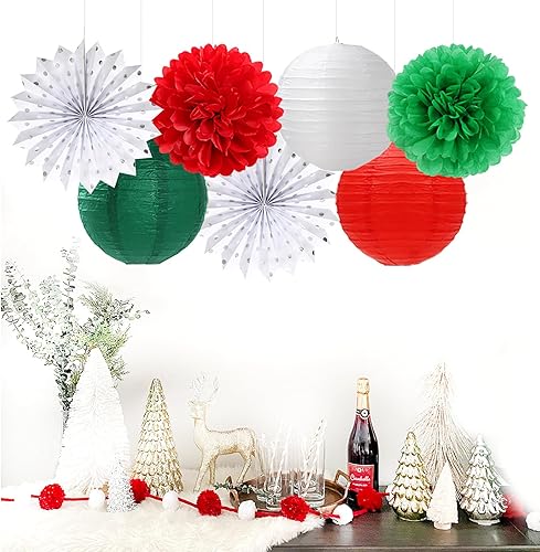 Miniatura 7 de Decoraciones de Fiesta de Navidad Rojo Verde-Blanco - 20 piezas Farolillos de Papel Mexicanos Italianos Abanicos, Pompones de Papel de Seda, Bolas