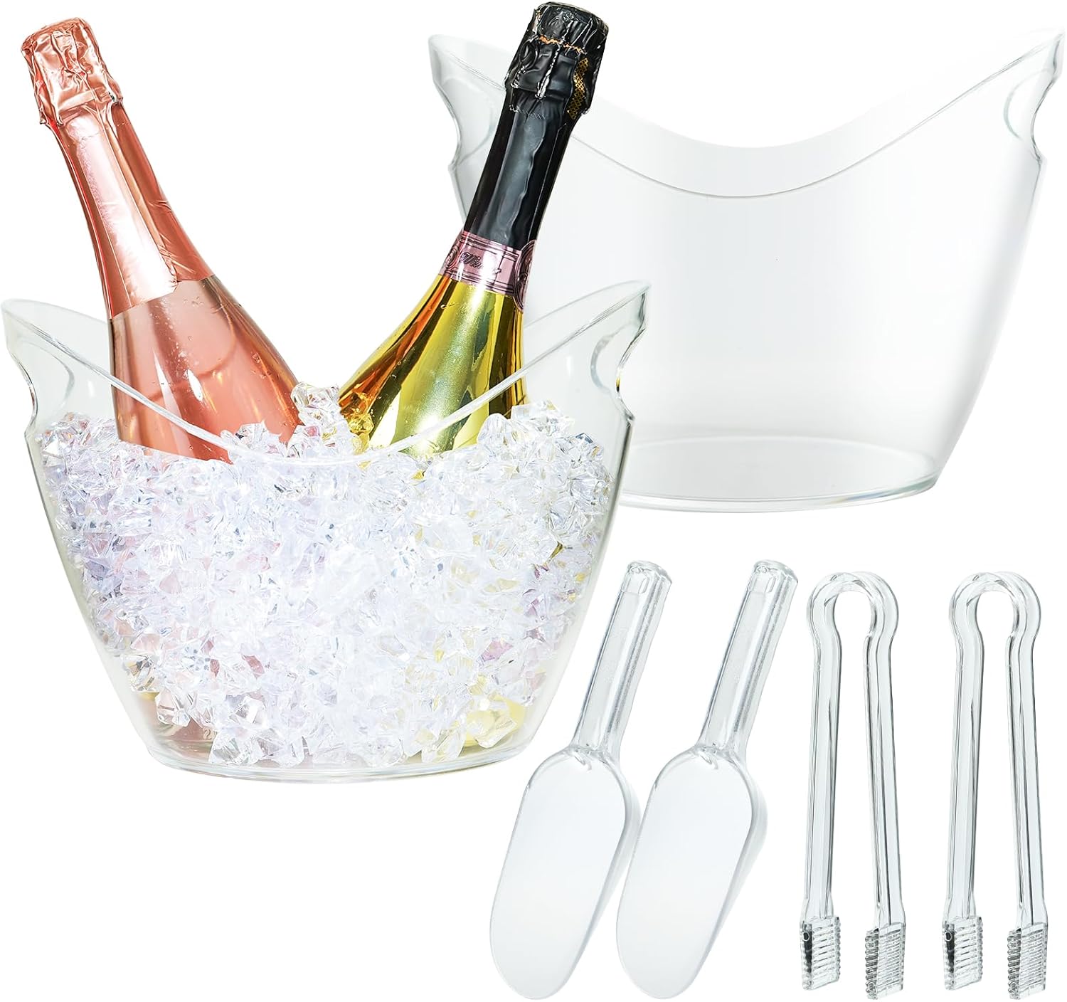 6Pcs Clear Acrylic Champagne Bucket with Tong and Ice Scoop,4 Liter Beverage Tub Champagne Wine Bucket for Parties, Cocktail Bar, Drinks, Wine, Beer Bottles, large, White, WJ003