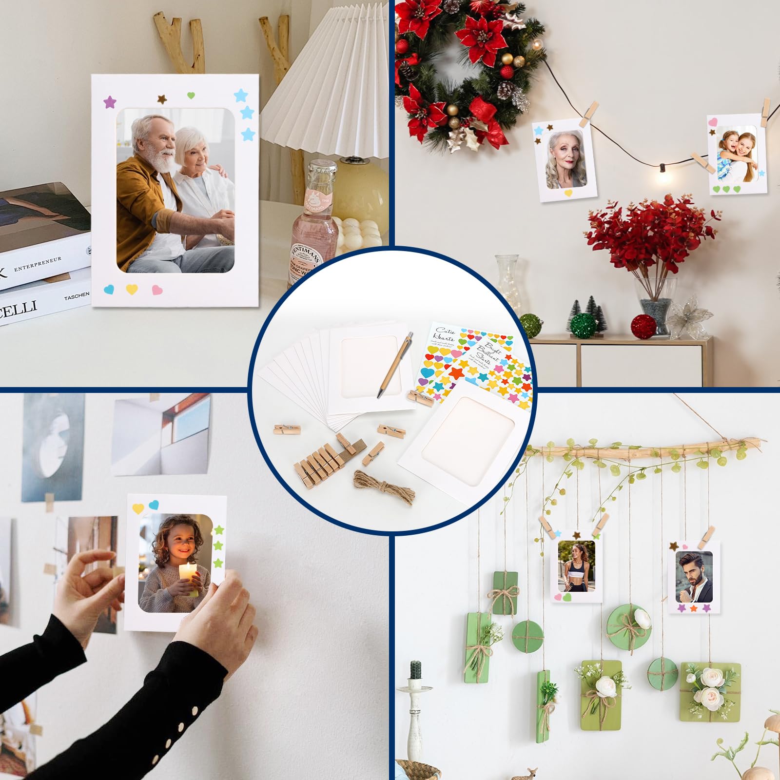 20 sztuk ramka na zdjęcia wisząca dekoracja ścienna, 6 cali DIY papierowa ramka z naklejkami i piórem, papier pakowy do domu szkoły biura