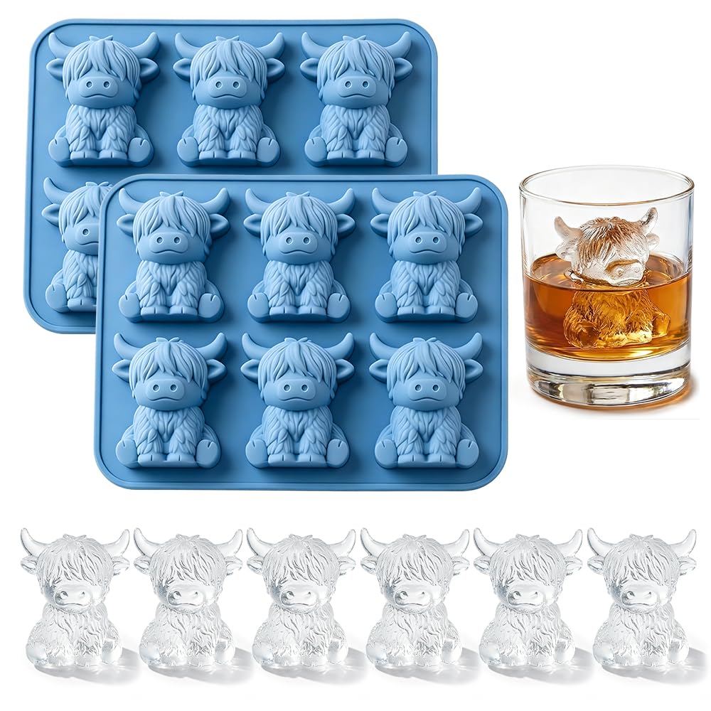 2 Pack Silicone Highland Cow Ice Cube Tray, Mini Highland Cow Ice Cube Mold, Cute 3D Animal Silicone Ice Cube Tray for Drinks, Fun Reusable Ice Molds for Beer/Whiskey/Cocktails/Coffee (Blue)