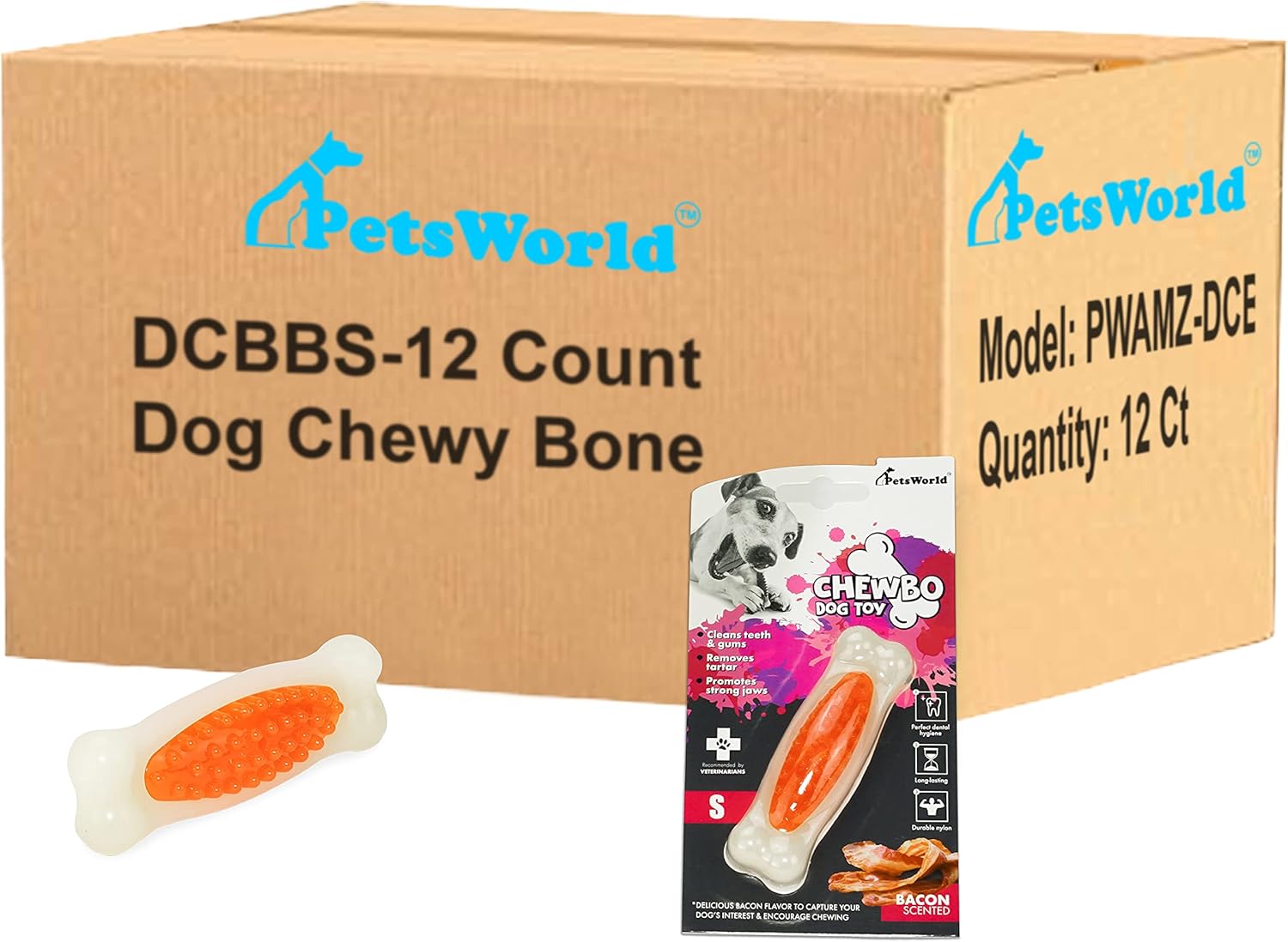 PETSWORLD Bacon Scented Dog Chew Toy for Tough Chewers. Cleans Teeth and Provides General Oral Health, Non-Toxic, Tough, Durable. for Small/Medium Dogs- 12 Ct