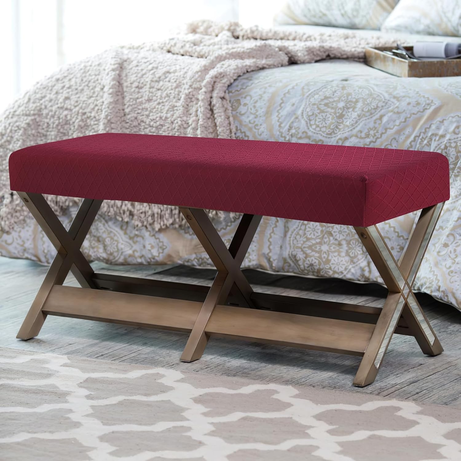 Fuloon Waterproof Dining Bench Cover, Removable Slipcover Washable Seat Protector for Living Room, Bedroom, Kitchen - Burgundy Dark Red
