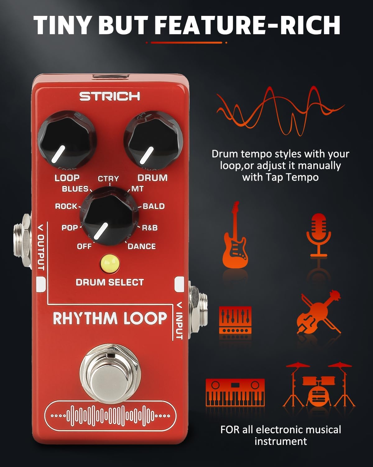 Rhythm Loop Guitar Pedal, STRICH SL-03 Looper for Electric Guitar Bass, 360s Phrase Looper (Unlimited Overdubs) + 8 Rhythm Drum Kits (4/4 Auto-Tempo), True Bypass (Red)