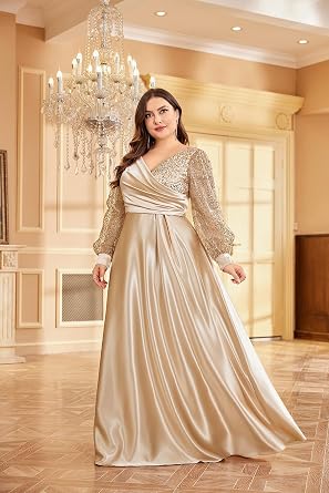 XUIBOL Plus Size Womens Satin Formal Dress Long Sleeves Sparkle Prom Dress for Party Or Wedding