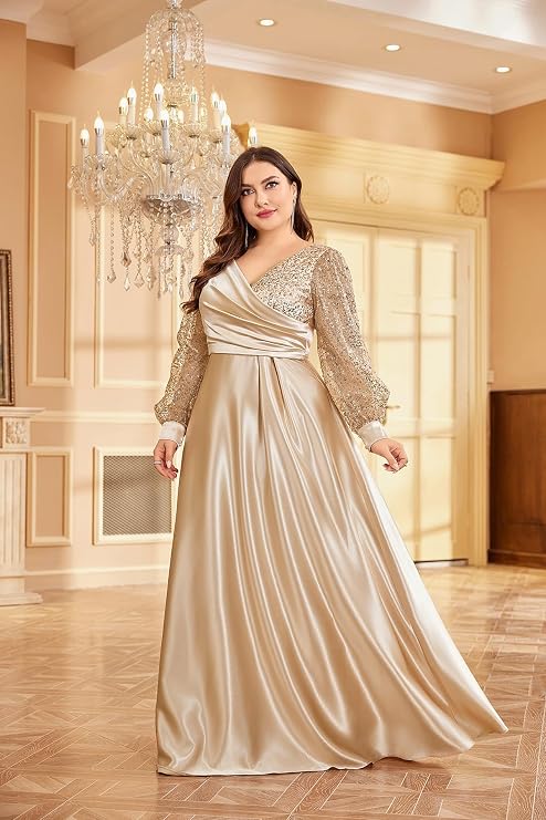 XUIBOL Plus Size Womens Satin Formal Dress Long Sleeves Sparkle Prom Dress for Party Or Wedding