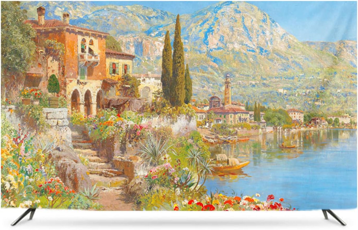 Modern Tv Cover Half Package Design Seaside Town Scenery Map Satin-like Fabric Dust Proof Cover Protect Your TV(Size:32inch/81X50cm,Color:DH7-3)