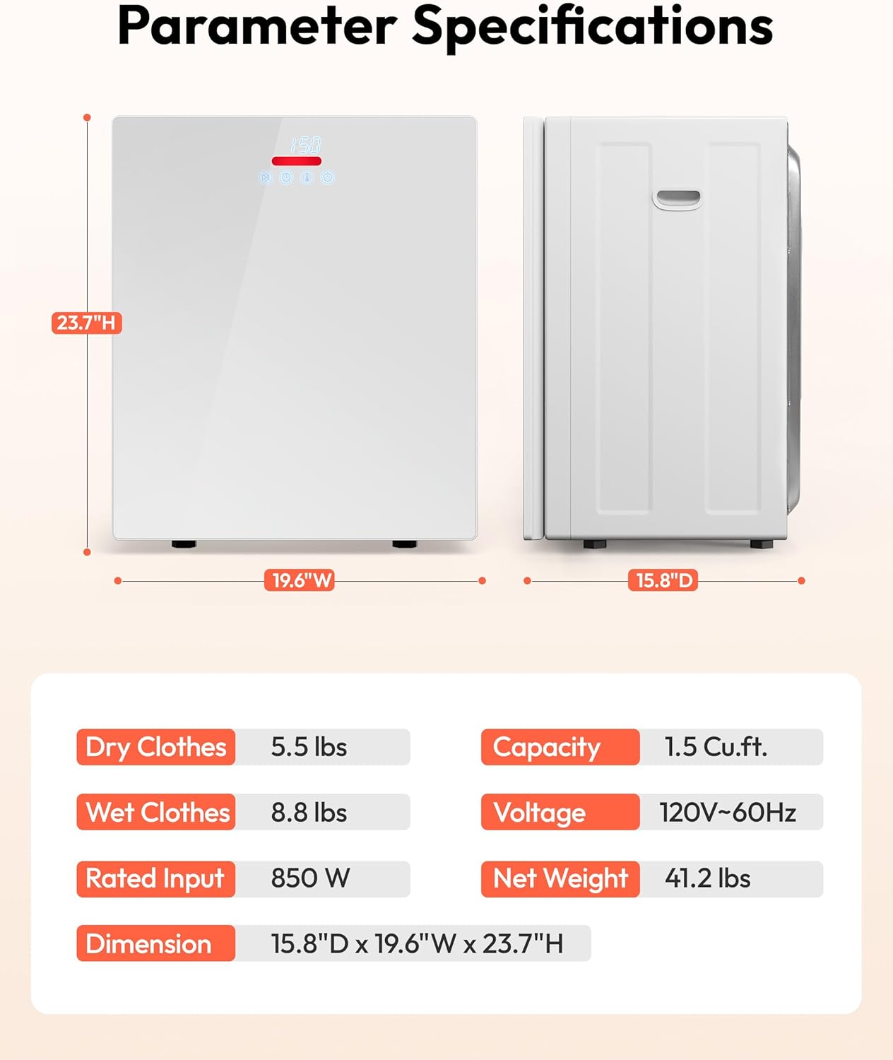 EUHOMY 1.5 Cu.ft. Portable Dryer with 4 Drying Programs, 5.5 lbs Clothes Capacity, Mirror Finish & LCD Touch Panel, 850W Portable Clothes Dryer for Apartment, Dorm & RV, White