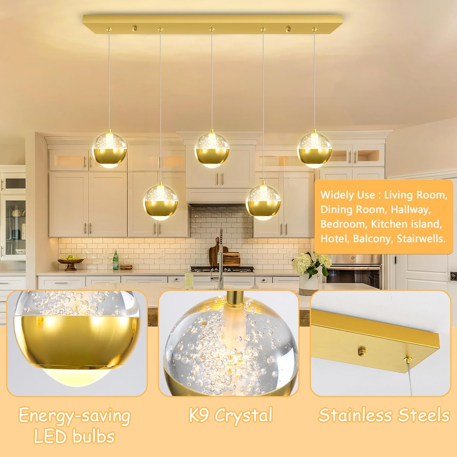 L32 x H78 Rectangular Chandeliers for Dining Room with LED Dimmable Lights Remote Control Chandeliers for Kitchen Island Modern Gold Globe Lighting Fixtures