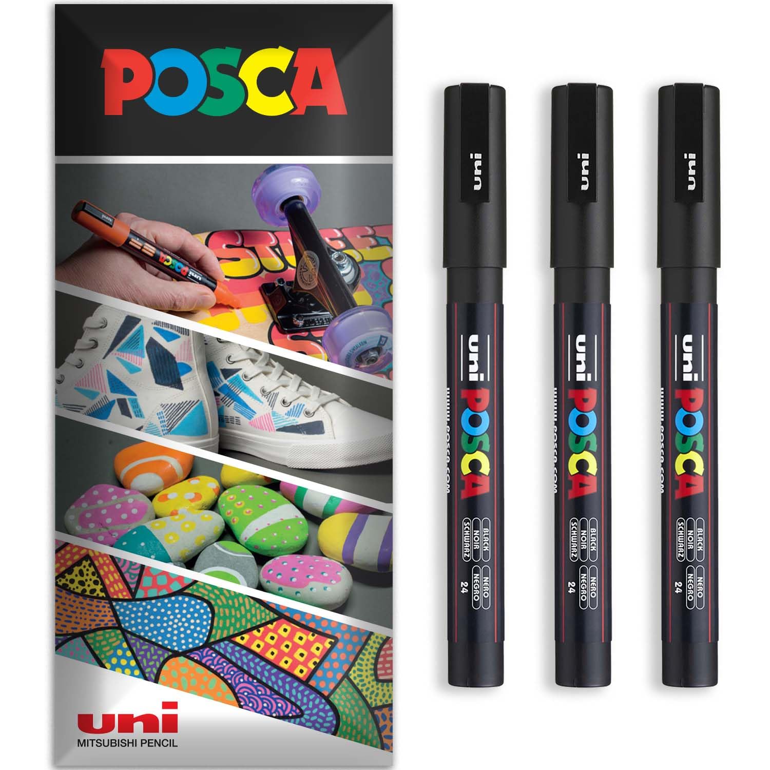 Posca PC-3M Water-Based Permanent Marker Pen - Multi Surface Use, Pack of 3 Pens in Wallet - Black
