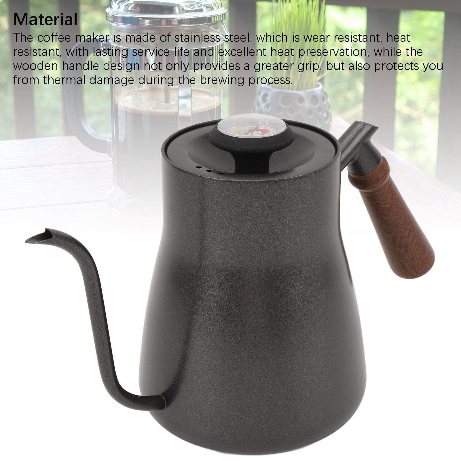 Caleta De Café De 850 Ml Con Boquilla Delgada De TermóMetro, Tetera De Cuello De Cabecera De Madero De Acero Inoxidable Para El Hogar Y La Oficina, Viajes Al Aire Libre Y Otras Act