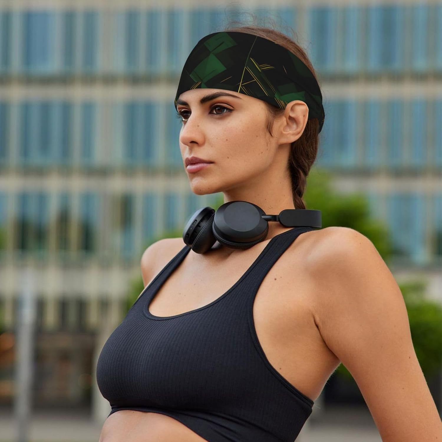 Black Green and Gold Geometric Print Ultra-Soft Elastic Headband Sports Running Gym Outdoor Activities Gifts Headwear
