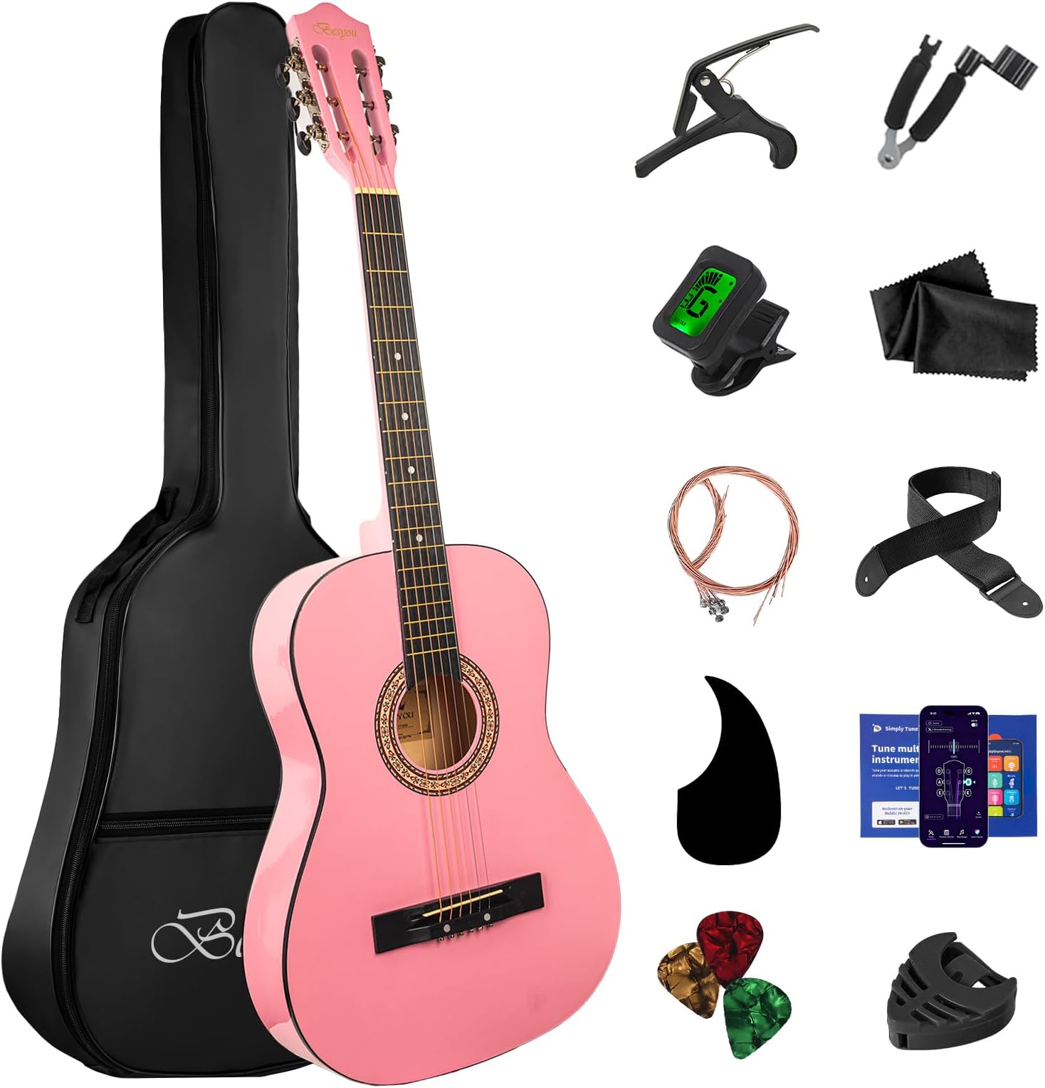38 Inches Pink Beginner Acoustic Guitar Basic Starter Kit All In One