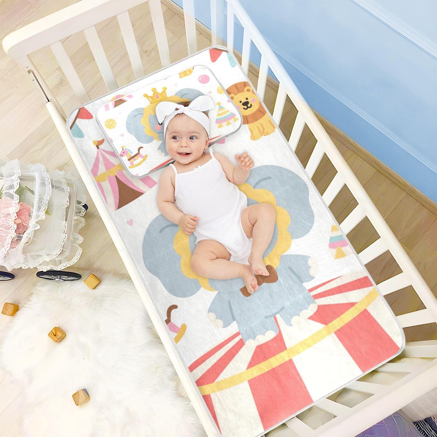 Cute Cartoon Grey Circus Elephants Cooling Baby Bed Mattress Protector 28" x 52" Reusable Bed Pads Disposable for Baby&Toddler