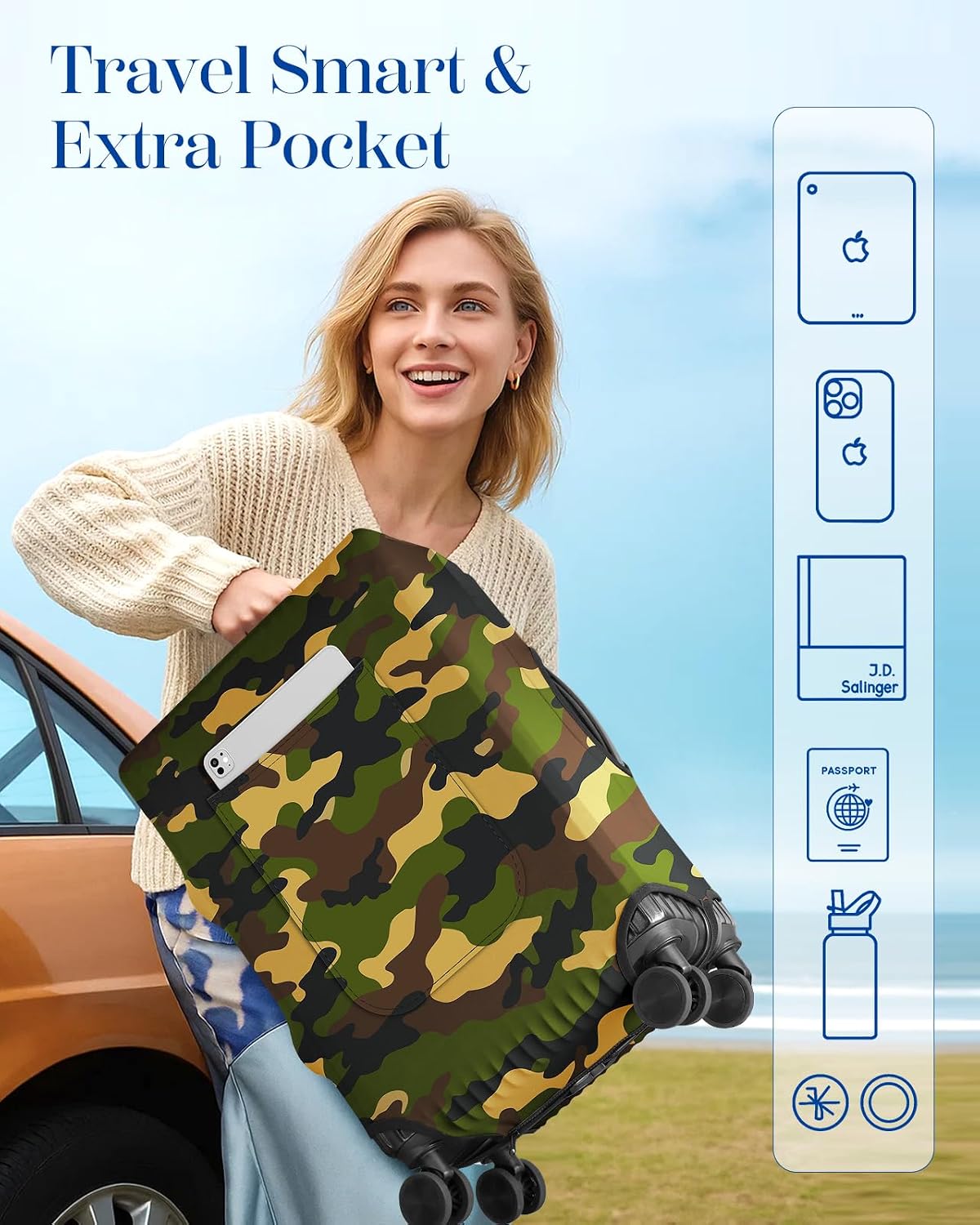 Slohif Luggage Cover for Suitcase Tsa Approved Protector - Camouflage Luggage Sleeve Large Suit Case Cover Travel Stretch Baggage Case Protective Washable Fit 31-32 Inch
