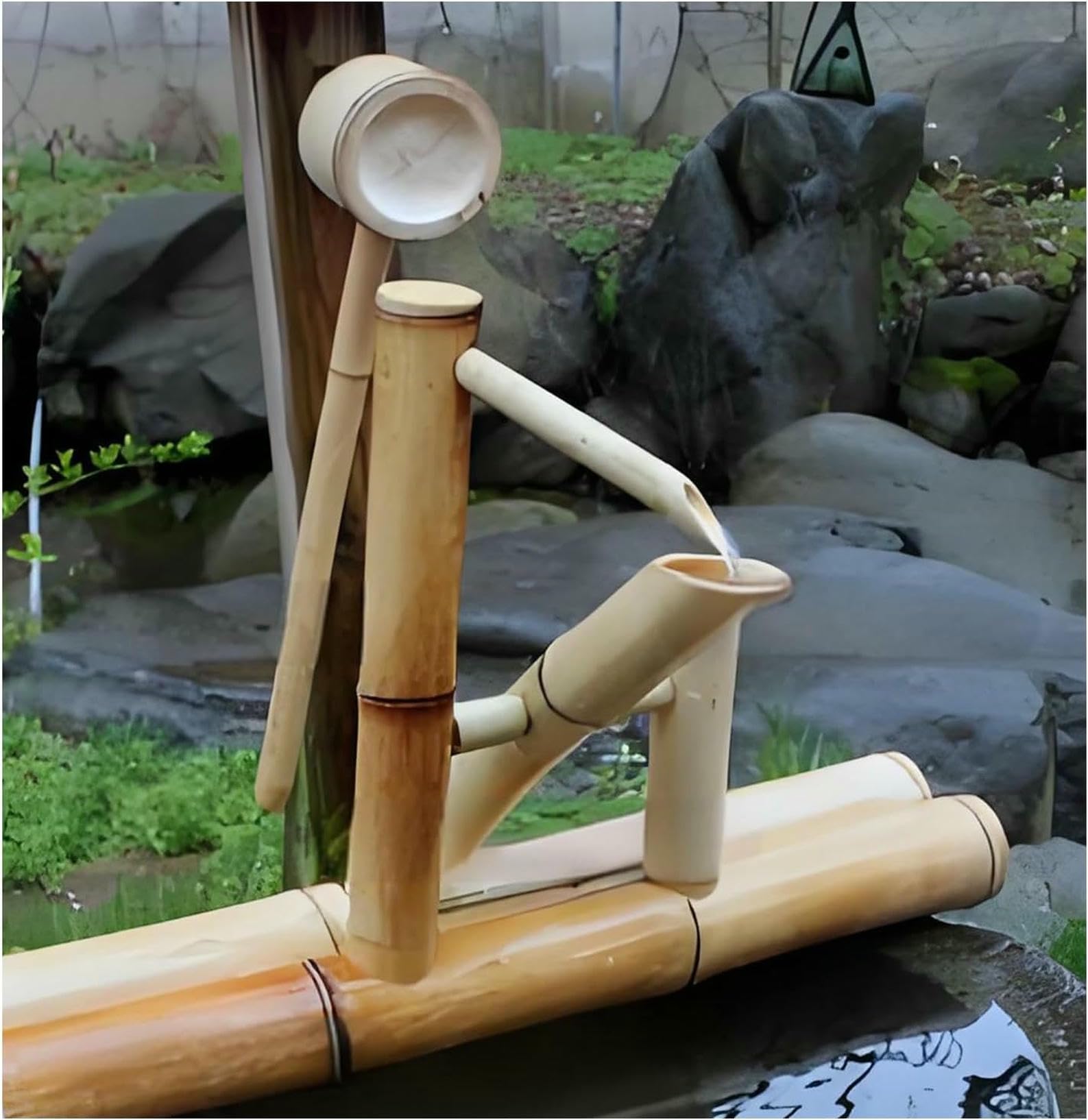 Fontaine en bambou zen avec pompe et cuillère à eau pour décoration de jardin