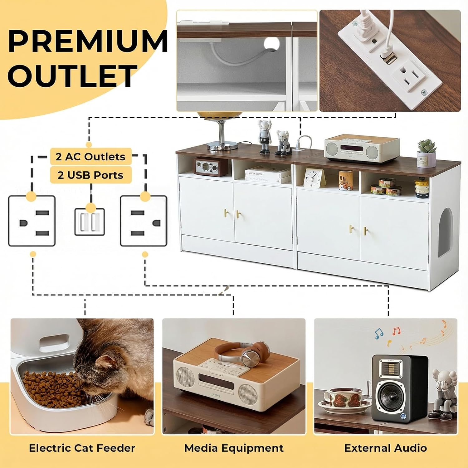 Double Cat Litter Box Enclosure for 2 Cats, 63" Wooden Hidden Cat Litter Box Furniture with Power Outlet, Sliding Bottom Easy Clean, Cat House TV Stand, Walnut