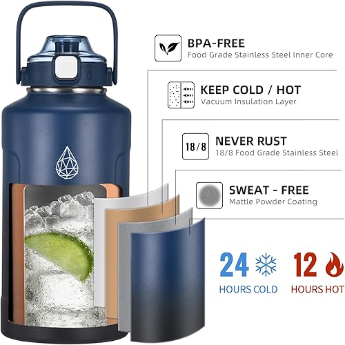 Miniatura 2 de HYDRO H2O Botella de agua de acero inoxidable de medio galón aislada con tapas de boquilla autobloqueada, popote desplegable y bolsa de transporte,