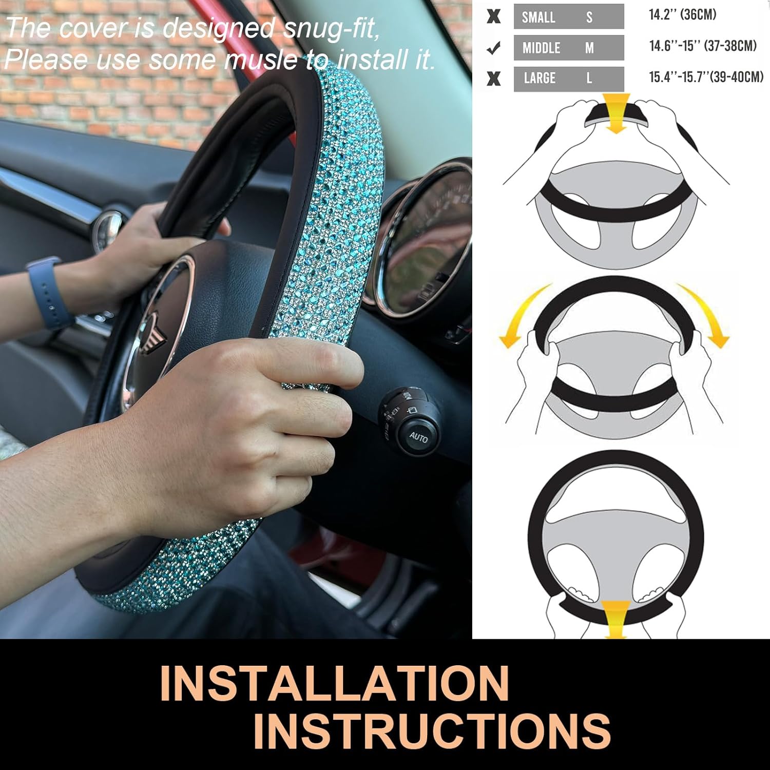 PINCTROT Bling Bling Comfy Steering Wheel Cover with Jumbo Crystal Rhinestones, Anti-Slip Diamond Leather, Universal 15 Inch (Sky Blue) - Image 6