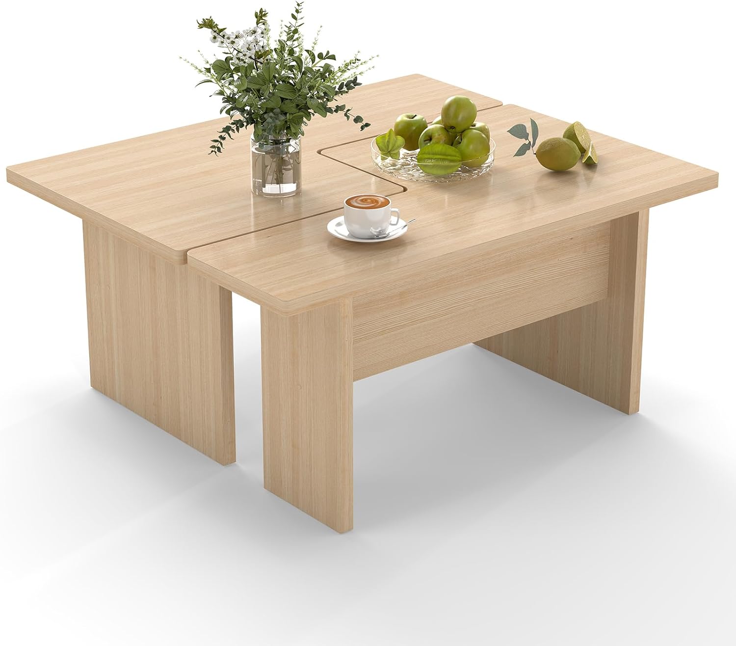 GOFLAME L Shaped Coffee Table Set of 2, Minimalist Wood Modular Center Table with Storage, Farmhouse Rustic Rectangular Accent Tea Tables for Living Room, Apartment, Lounge, Small Space (Oak)