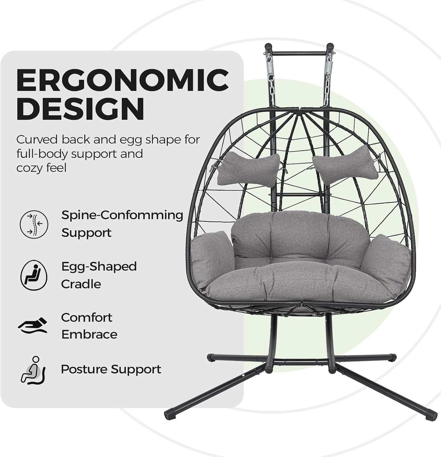 Double Egg Swing Chair with Stand Oversized 2 Person Hanging Egg Chair Outdoor Indoor with Removable Cushions All-Weather Wicker Hammock Swing Loveseat 660LBS Capacity for Patio Balcony Porch