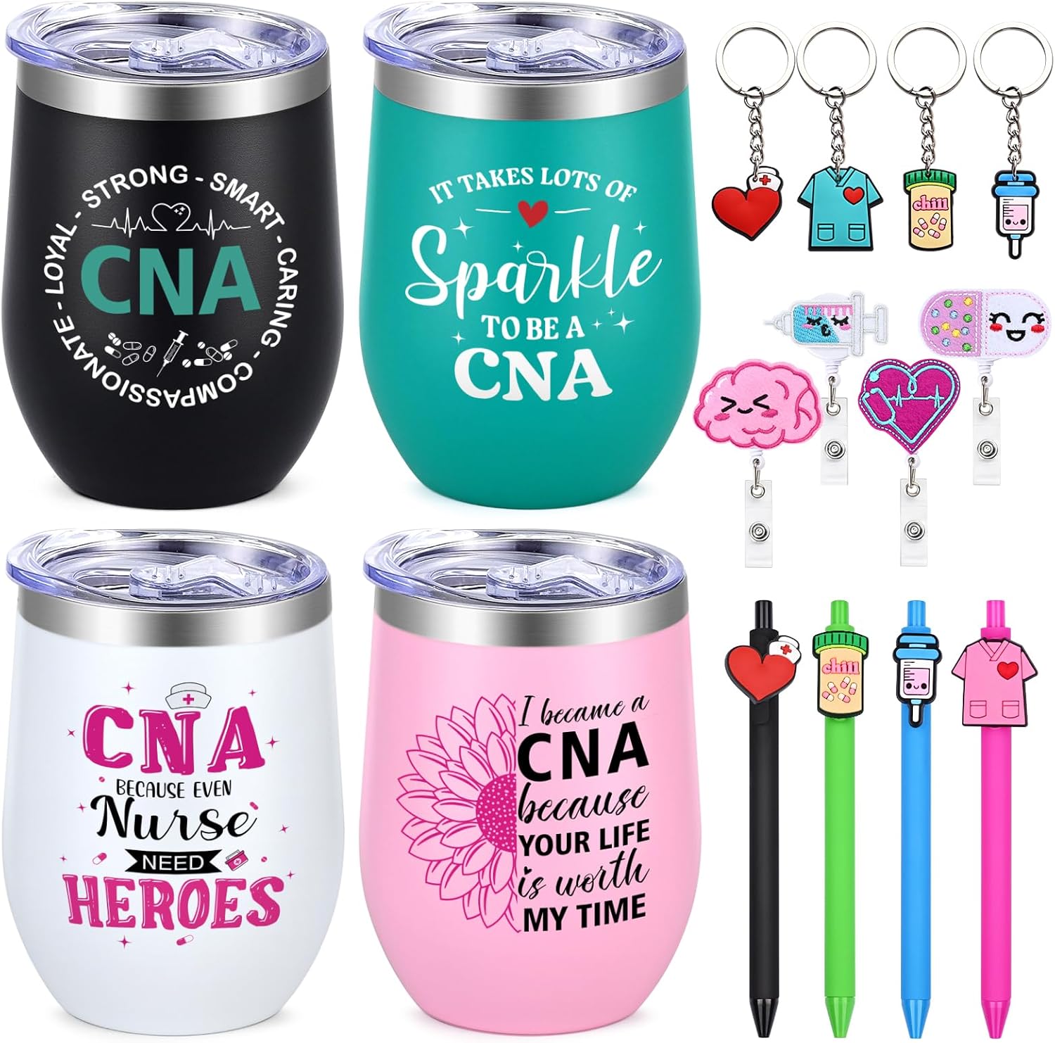 Lifecapido CNA Gifts, 4 Pack 12oz Insulated Wine Tumblers with Badge Reels, Ballpoint Pen and Keychain, CNA Christmas Gifts Bulk 2025 for Certified Nursing Assistants Women