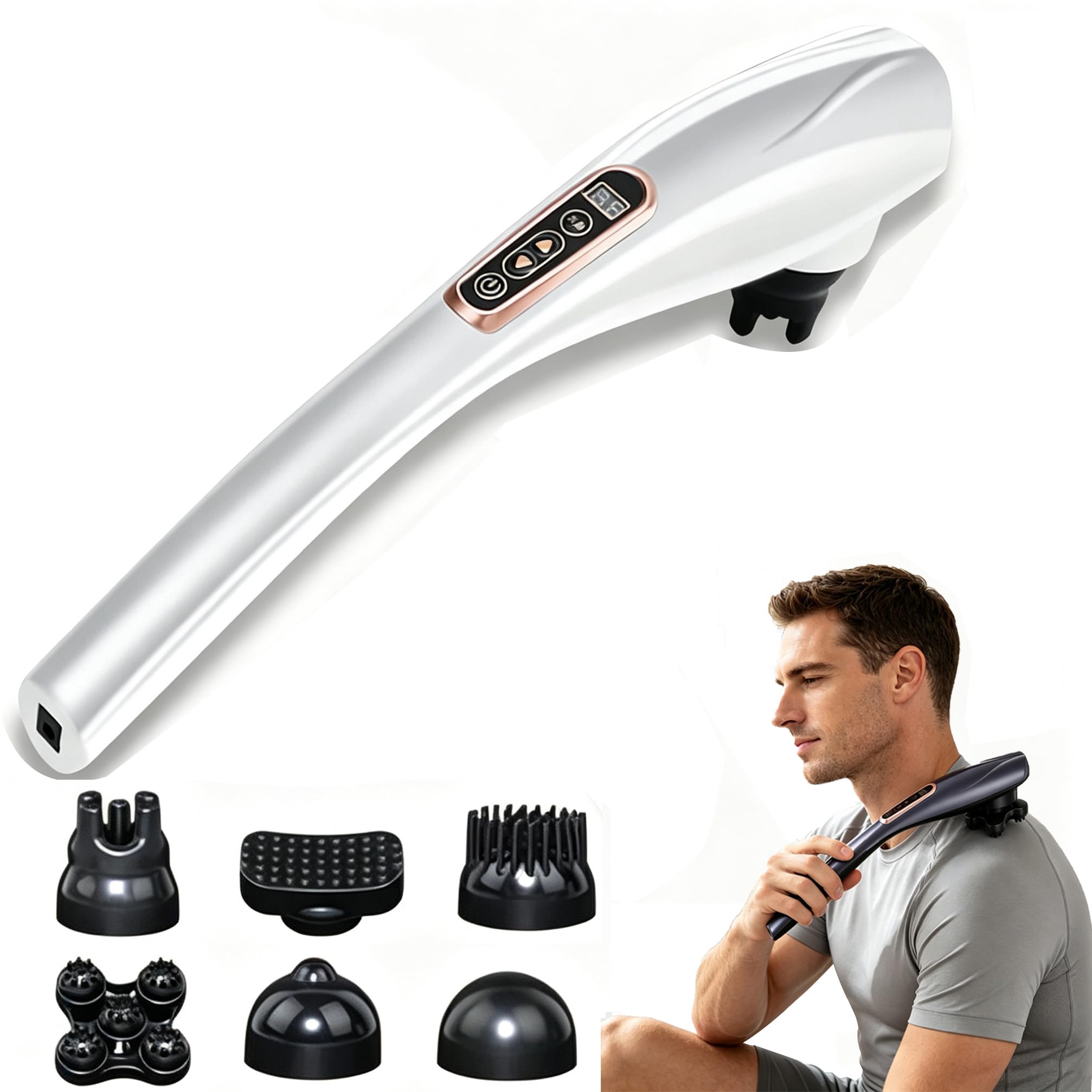 Pistola Massaggio Muscolare, Pistola Massaggiante per Tessuti Profondi, Massaggiatore Muscolare Portatile Ergonomico con 6 Testine e 10 Livelli di Velocità per Schiena, Spalle, Vita e Gambe (Bianco)
