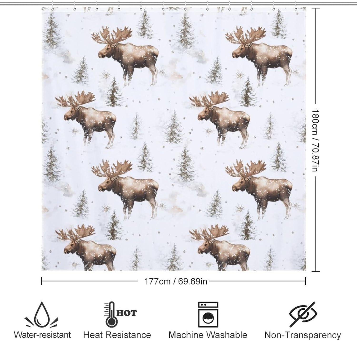 Moose in Winter Day Bath Curtain Waterproof Shower Curtains with Hooks for Bathroom Showers and Bathtubs