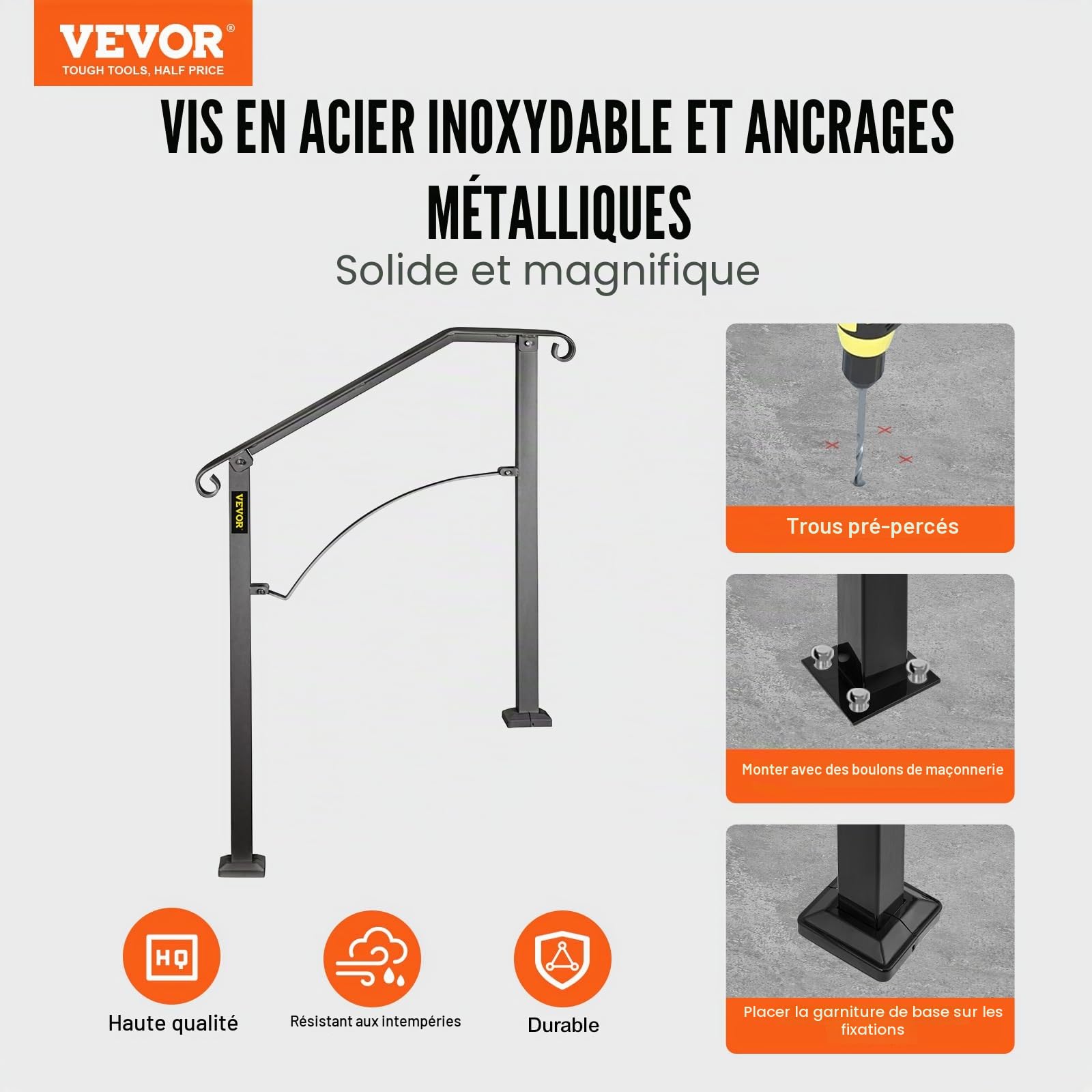 VEVOR Rampe d'Escalier 2 à 3 Marches Garde-corps pour Escalier Main Courante Noire pour Escalier Rampe en Forme Arche