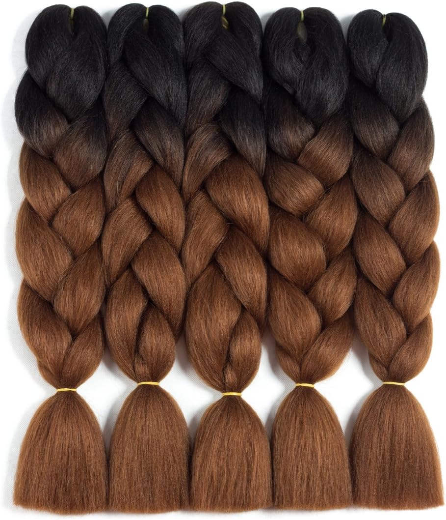 Jumbo Braiding Hair 5pcs Ombre Braiding Hair Extensions High Temperature 2 Tone T1B/Dark Brown Color Synthetic Hair(5pcs, T1B/Dark Brown)