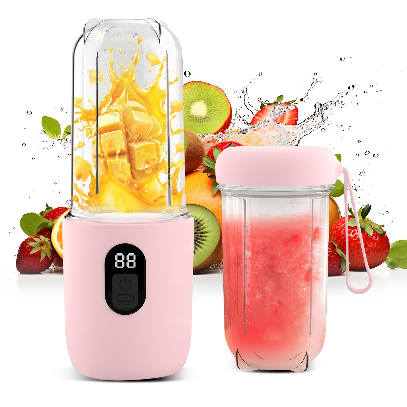 RoserRose Frullatore Portatile, Mini Frullatore Elettrico Con Display Digitale, Batteria Da 1500 Mah, Uso Senza Fili, Testa Di Taglio Sus 16 Fogli, 20,800 Giri/Min, Alta Velocità (rosa)