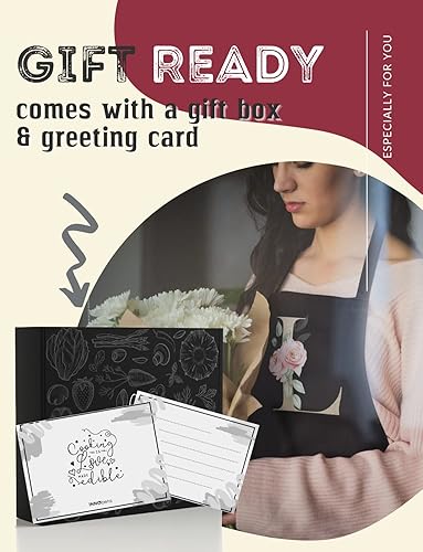 Miniatura 7 de Delantal negro con inicial para mujer con bolsillos, delantal de jardinería de cocina, regalos para ella, chef, mamá