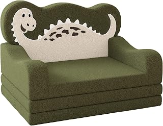 YACODAVO 2-in-1 Toddler Couch Fold Out, Foldable Kids Sofa, Kids Chairs Comfy, Gift for Boys, Gift for Birthday, Children's Day, Dark Green Dinosaur